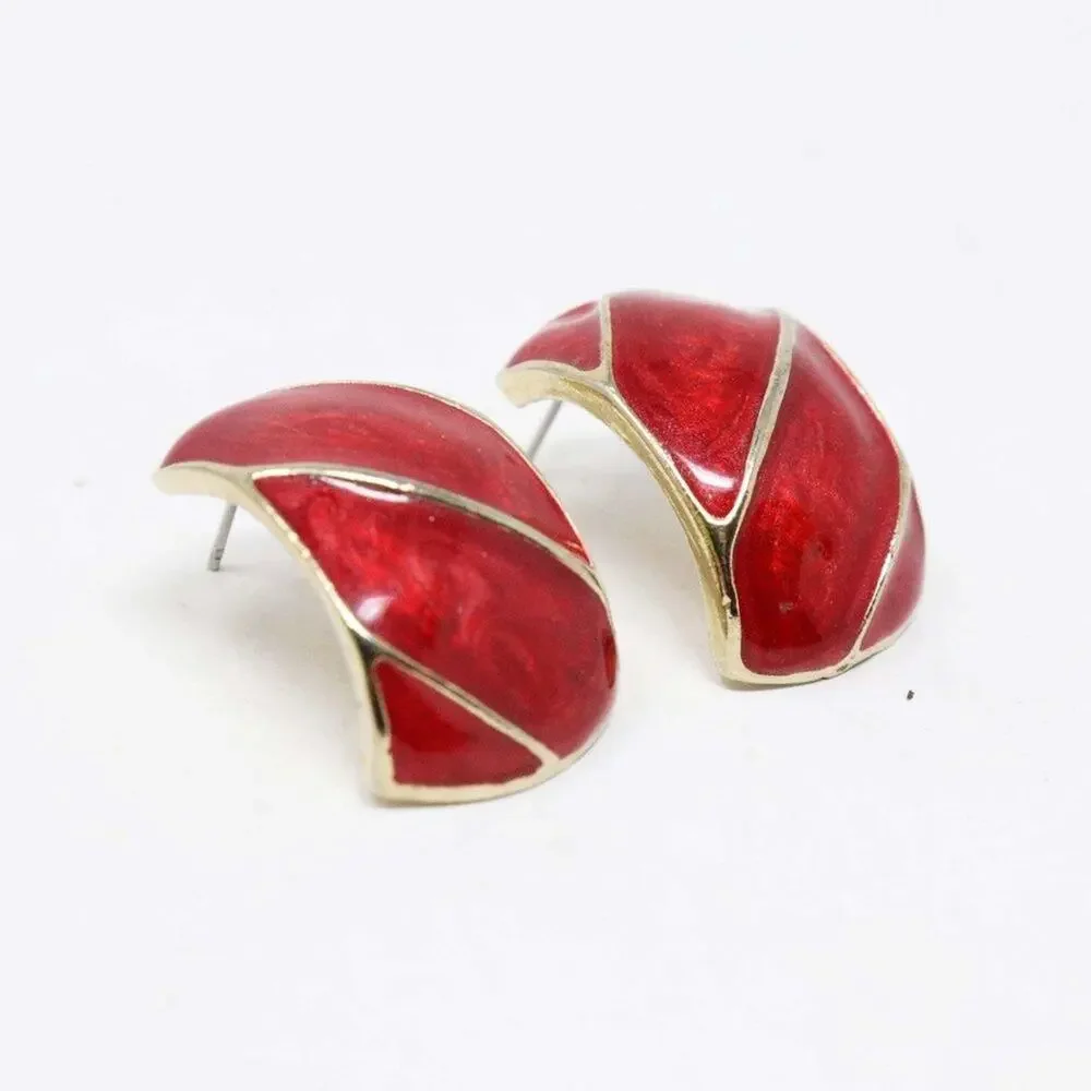 Magenta Enamel Gold Tone Pierced Post Earrings Chunky